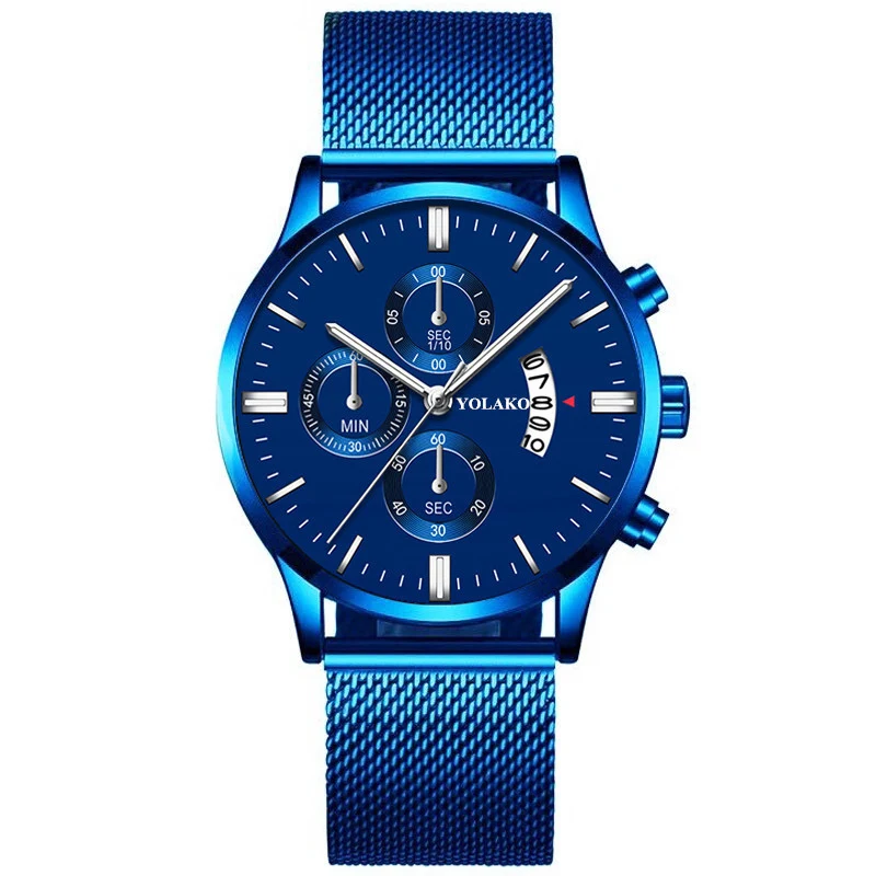 Title 2, Blauwe heren mesh band horloge met quartz uurwe...