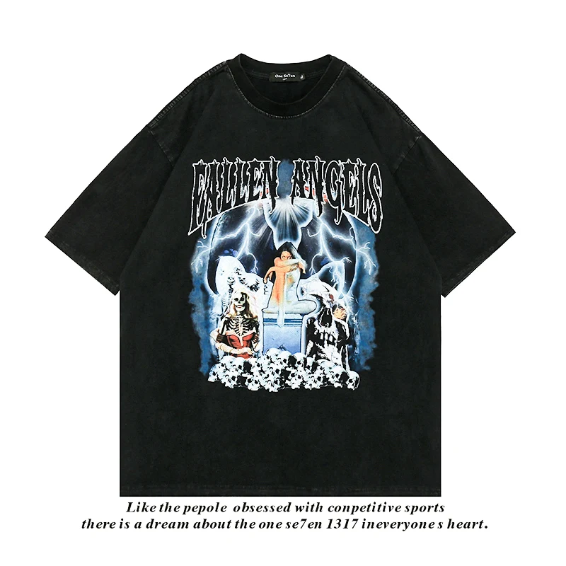 Hip Hop Streetwear Washed T Shirt Lightning Skull Girl
