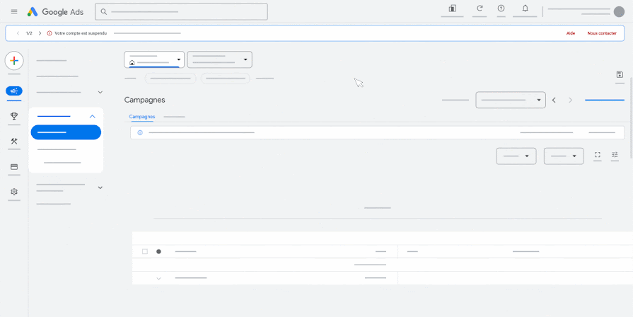 Animation de l'UI montrant la procédure d'appel d'une suspension de compte Google Ads 