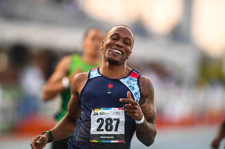 Akani Simbine wins Final Men Senior 100m during day 2 of the ASA Senior Track and Field National Championships at Tuks Athletics Stadium on April 16, 2021 in Pretoria, South Africa.