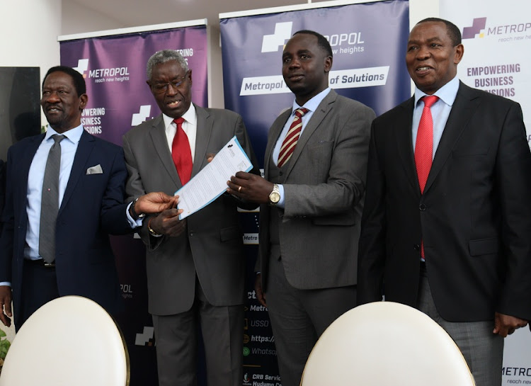 Metropol Group Managing Director Sam Omukoko, Metropol Director James Murigu, Metropol CRB CEO Gideonn Kipyakwai and Metropol Economic advisor Ndiritu Muriithi during the launch the Kenya economic forecast in Nairobi.