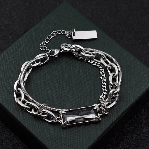 Title 7, Mens Gray Diamond Couple Titanium Steel Bracel...