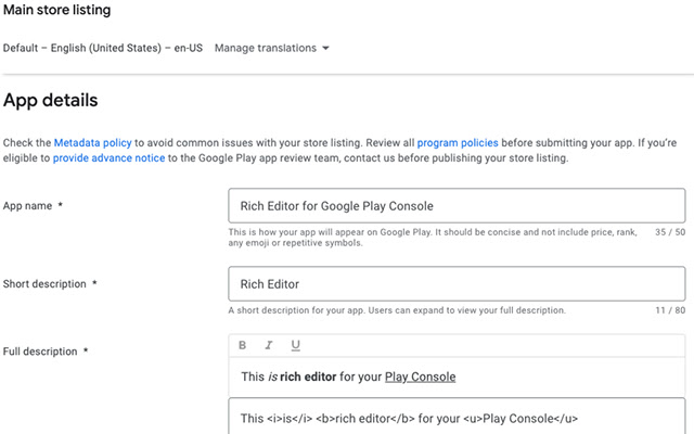 Rich Editor for Google Play Console chrome extension