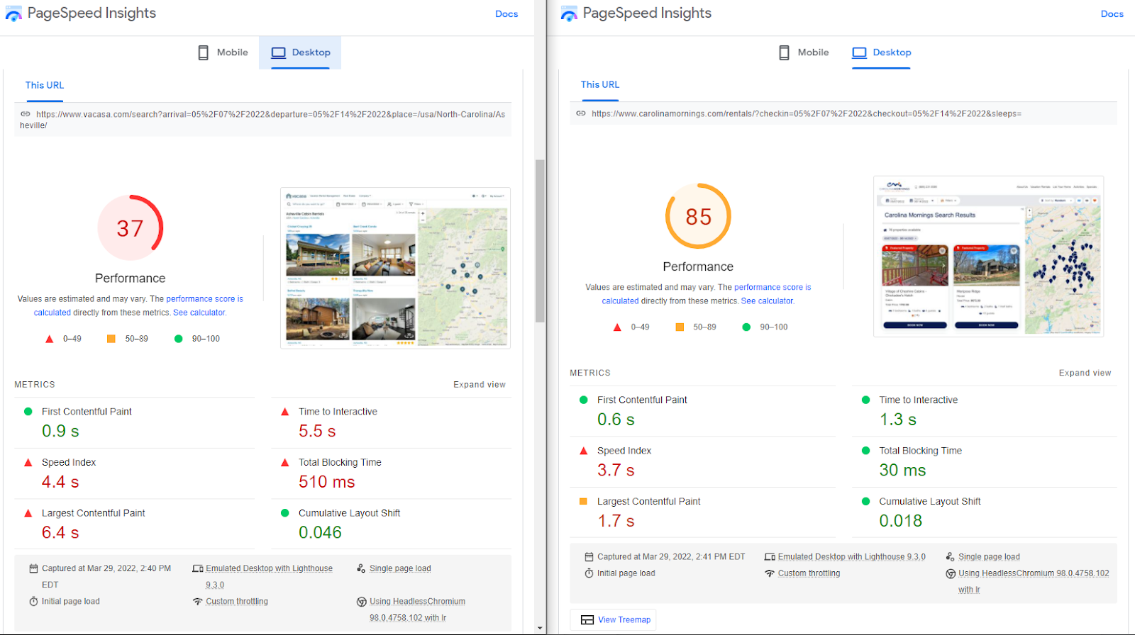 Vacasa vs Axis PageSpeed score Desktop for booking engine page