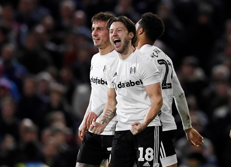 Fulham's Harry Arter celebrates with teammates after scoring against Aston Villa