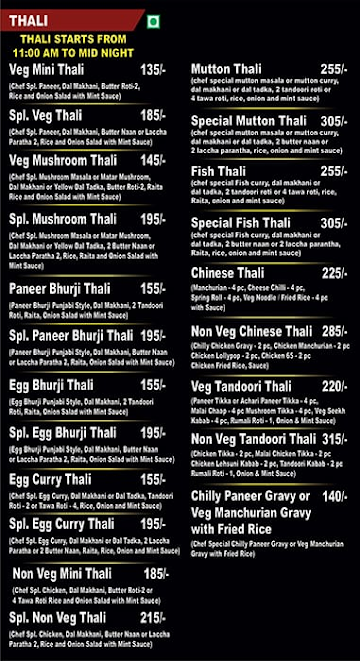 Thali Master menu 