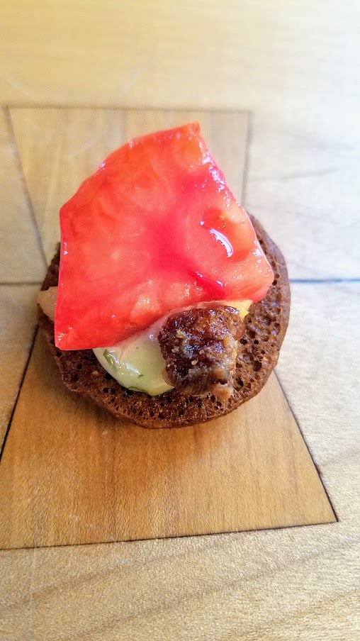 Zero Proof Dinner for Feast 2018 Dinner Series, Acorn Griddle Cake with Heirloom tomato and Jowl Bacon from Sean Brock