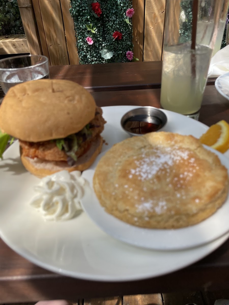 Crispy chicken sandwich and a pancake