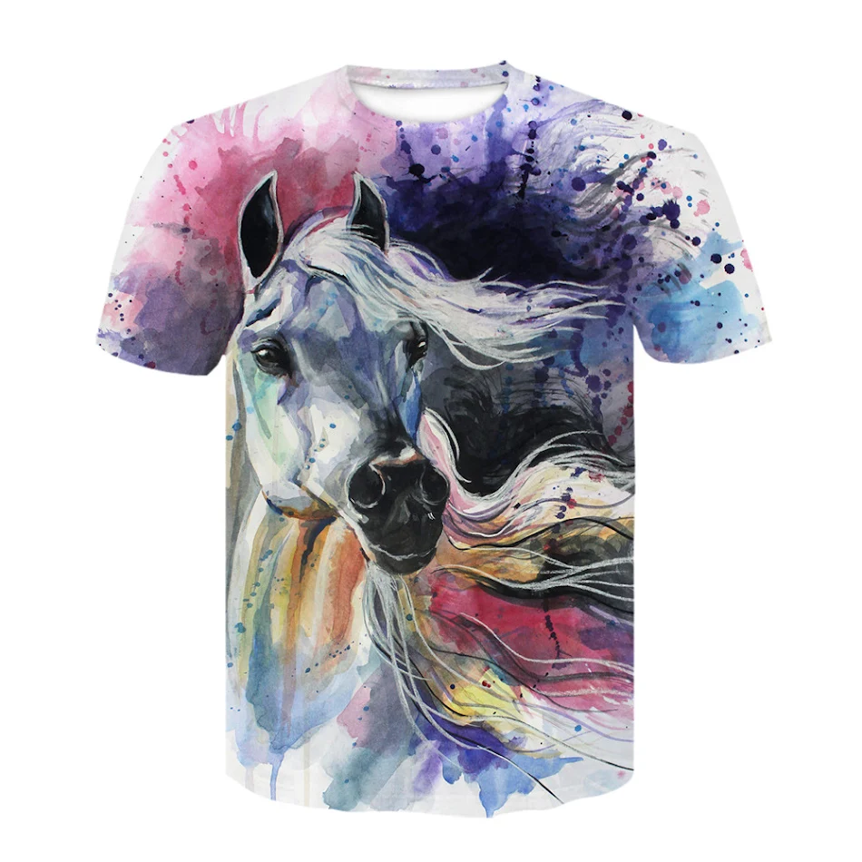 Camiseta para hombre con estampado 3D de caballo, cuello redondo, manga corta, tendencia juvenil. Transpirable y cómoda, perfecta para el verano.