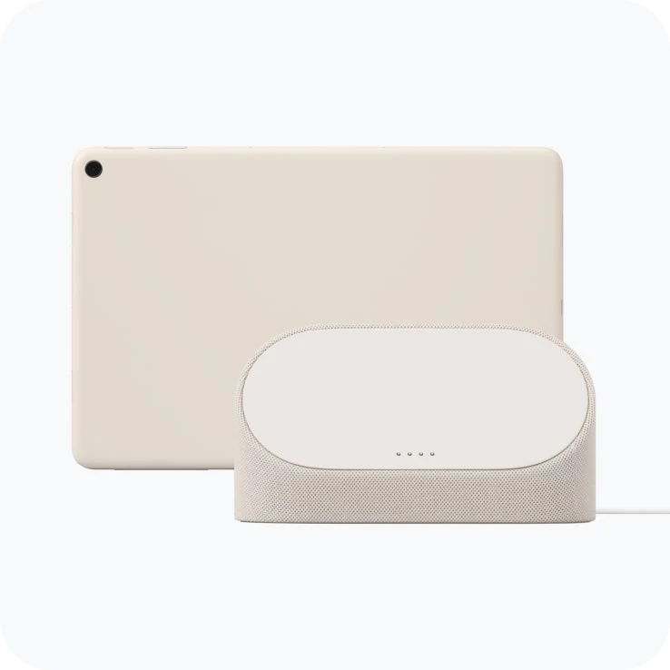 Back of a Pixel Tablet in Porcelain colour with a Charging Speaker Dock in front