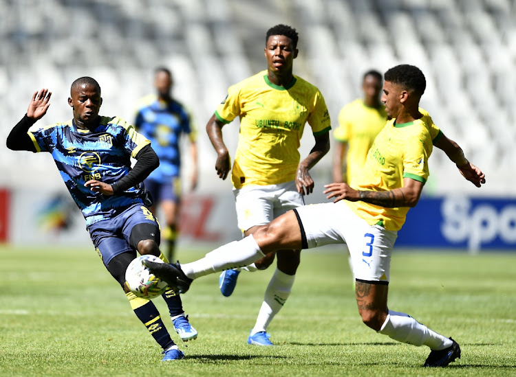 Luphumlo Sifumba of Cape Town City and Rushine De Rueck of Mamelodi Sundowns during their 0-0 DStv Premiership draw at Cape Town Stadium on Sunday.