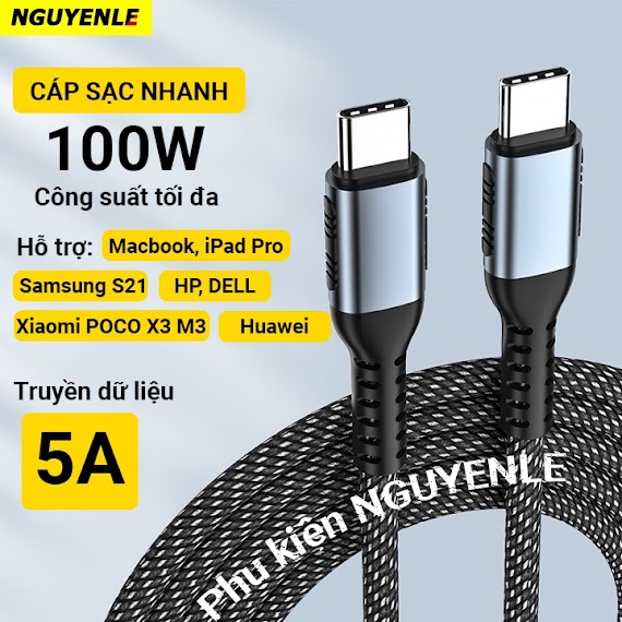 Cáp Sạc Nhanh 100W Pd Type C To C Samsung Macbook Ipad Pro Hp Dell Có Truyền Dữ Liệu