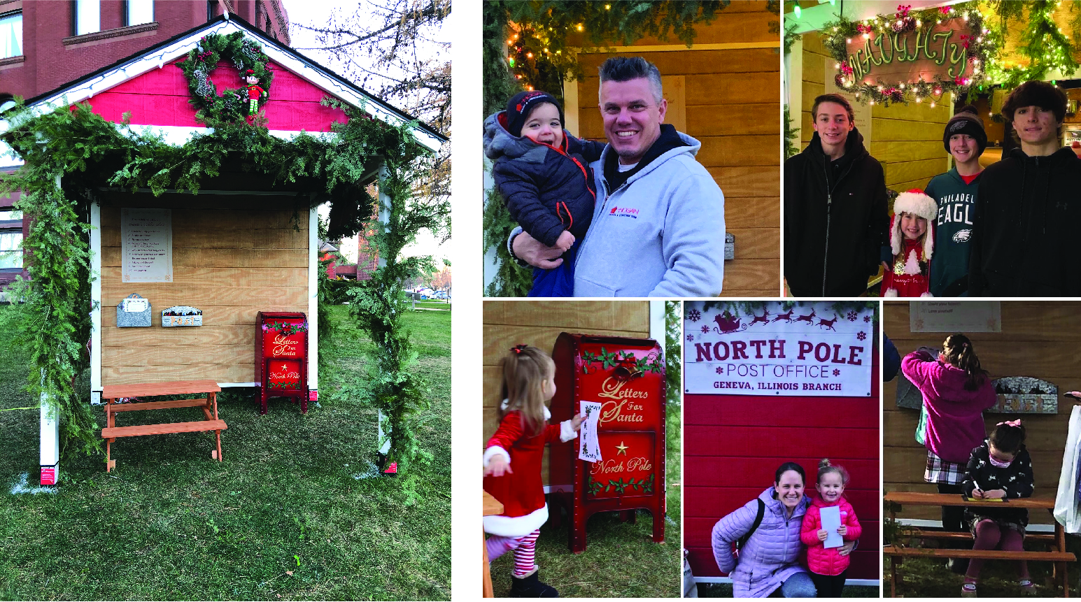 A picture collage of the 2020 North Pole Post Office, Geneva IL Branch with families enjoying  and participating in the post office experience.