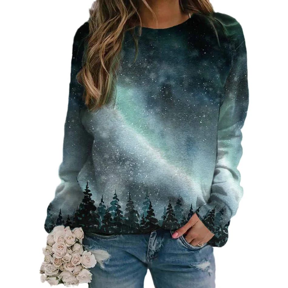 Dames lange mouwen pullover met landschap en bloemenprint, ideaal voor een casual en stijlvolle look, comfortabel en met een uniek design.