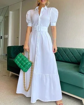 Lässiges Damen-Kleid mit Gürtel, Midi-Länge, kurze Ärmel, für Pendler und Alltag, bequem und stilvoll, perfekt für Büro.
