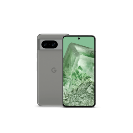 Vues avant et arrière du Pixel 8, couleur Vert Sauge. Sur l'écran frontal s'affiche un nuage de couleurs.