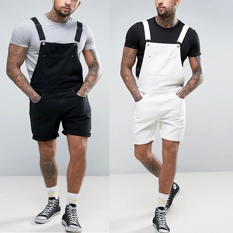 Pantalones cortos de mezclilla retro para hombre con borde blanco, diseño de una pieza y estilo utilitario, comodidad y moda.