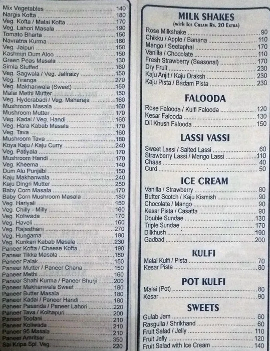 Saikripa Veg menu 