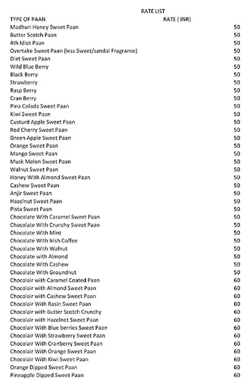 Pandey's Paan menu 