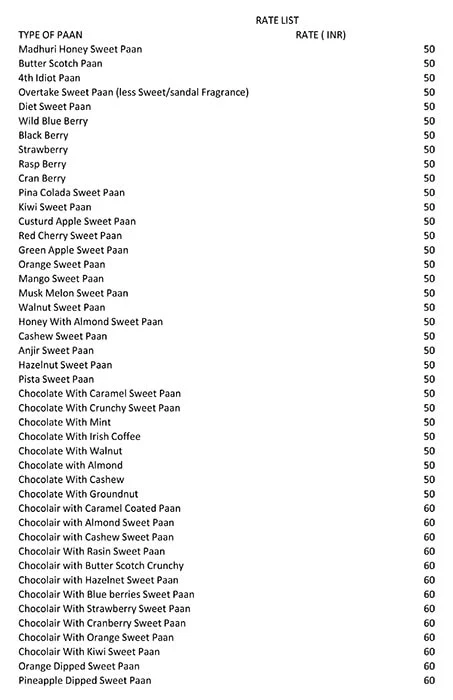 Pandey's Paan menu 