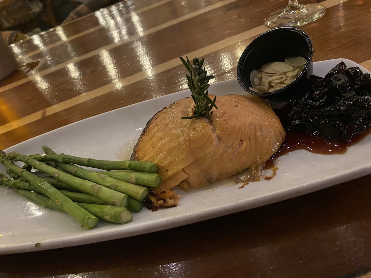 Asparagus, honey Dijon rosemary salmon, and cranberry port reduction.