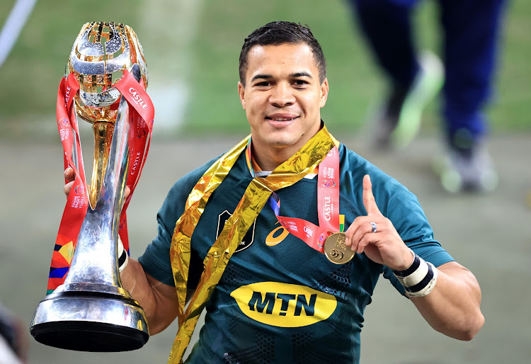 Cheslin Kolbe, a man for the big occasion, poses with the trophy after the Springboks’ series win against the British & Irish Lions. Picture: @SPRINGBOKS/TWITTER