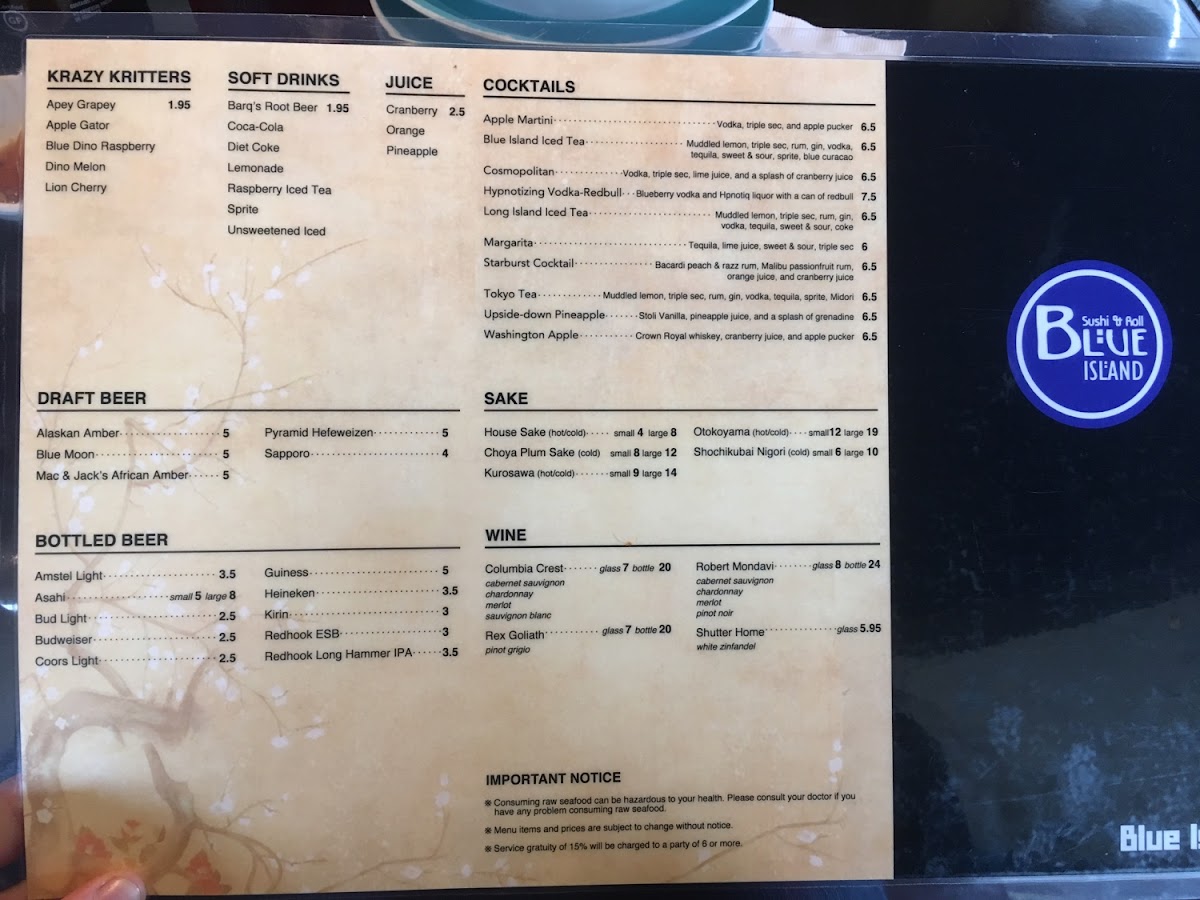 Back of the menu