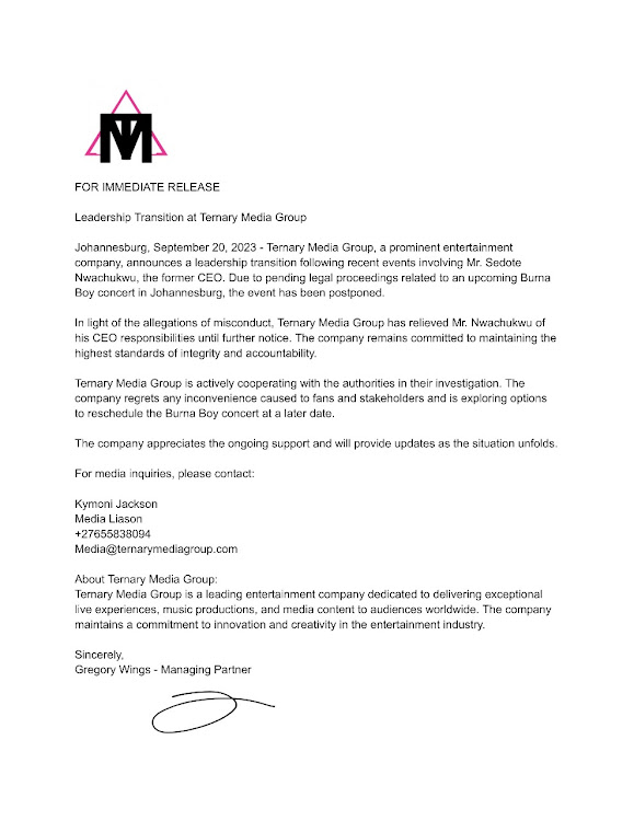 A statement from Ternary media group.