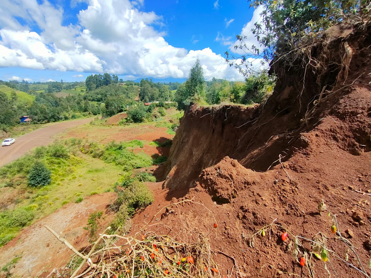 A section of Ikumbi Karinga road that has been affected by mudslides in Kigumo, Murang'a.