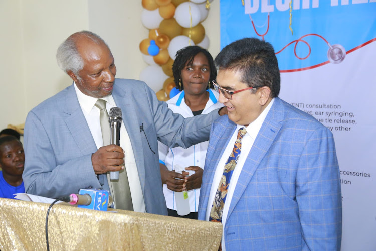 The Kenya Society for Deaf Children (KSDC) chairperson Francis Ng’ang’a and Imenti North MP Dawood Rahim during the official launch of Dechi Hearing Centre in Upper Hill on February 29, 2024