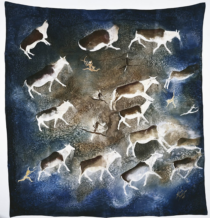 A scarf, depicting Bushmen hunting a herd of eland antelope in the Eastern Cape, which was given to Queen Elizabeth II by Nelson Mandela in 1996.