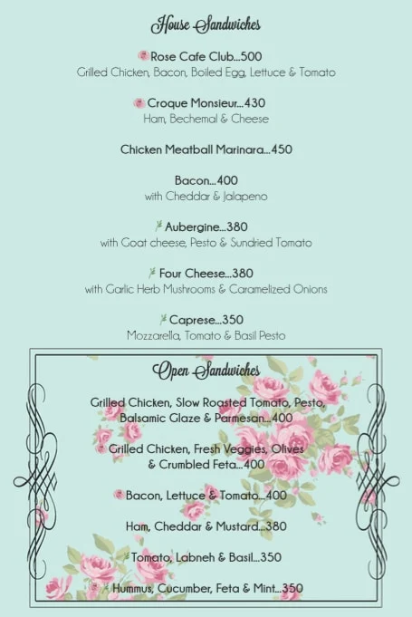 Rose Cafe menu 