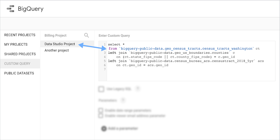 Voorbeeld van instellingen voor aangepaste BigQuery-query's, waarbij het factureringsproject is ingesteld op Looker Studio-project, terwijl de query een openbare BigQuery-dataset opgeeft in de FROM-component van de query.