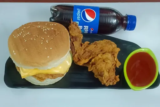 Cheesy Fried Chicken Burger Fried Chicken Wings And Pepsi [250 Ml]