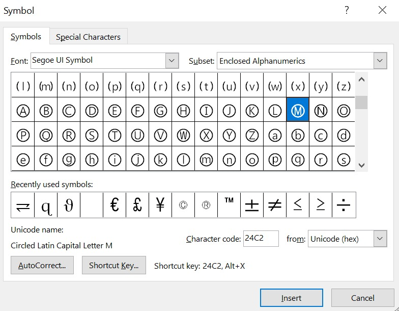 searching for Uppercased Circled M symbols text using the character code