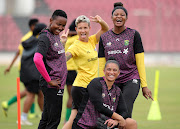 Janine van Wyk (centre) with Banyana Banyana goalkeepers Andile Dlamini (left), Kaylin Swart (front) and Regirl Ngobeni during their 2022 Women's Africa Cup of Nations training session at Stade El Bechir in Casablanca, Morocco on July 16 2022.
