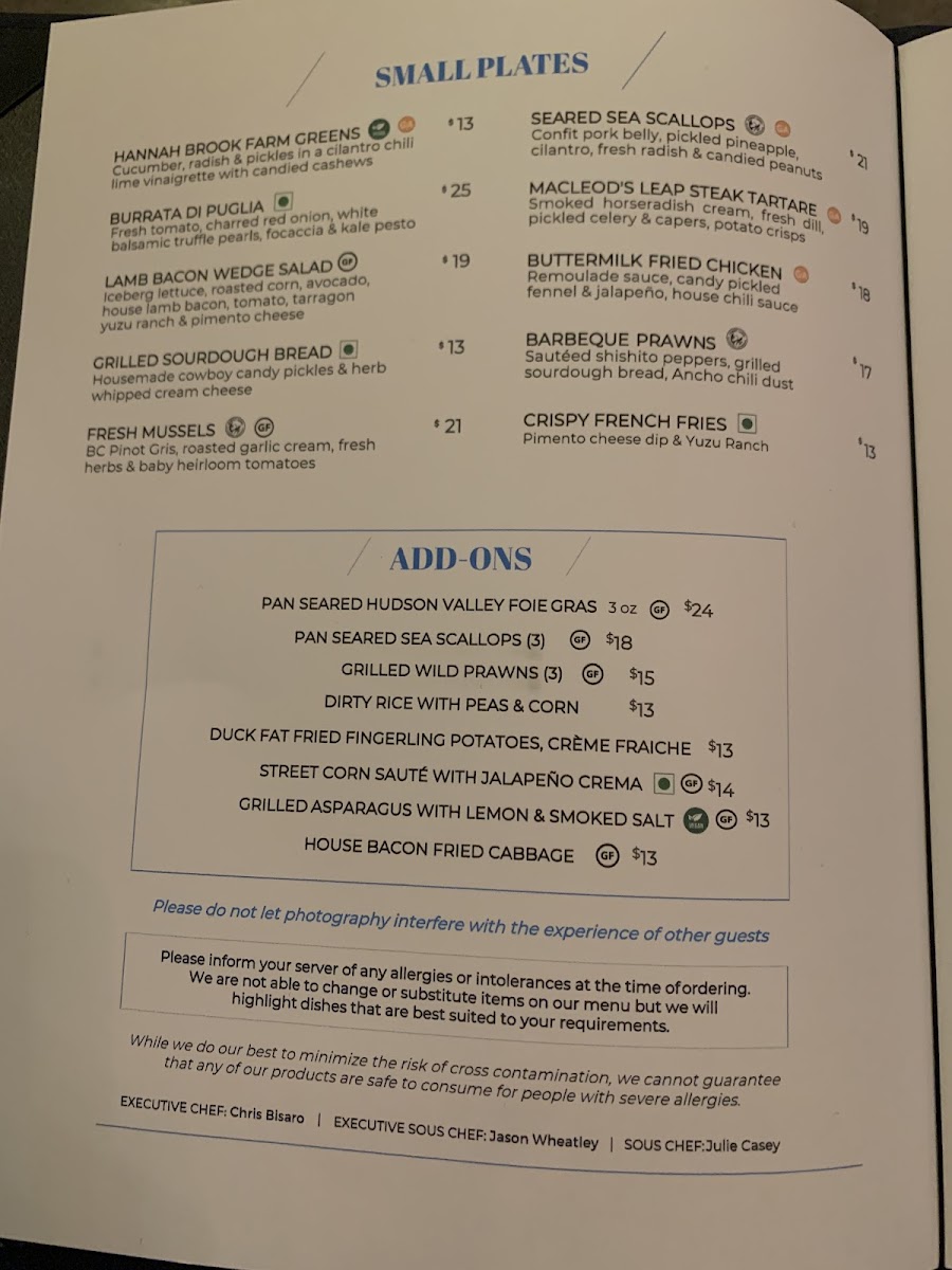 Brix and Mortar gluten-free menu