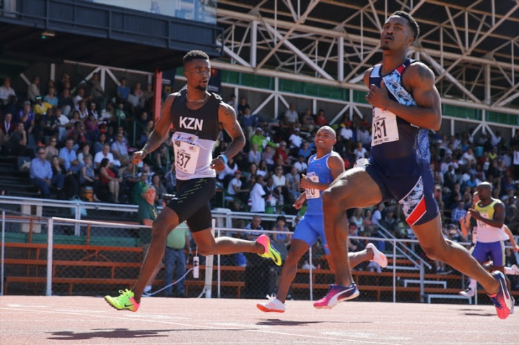 Anaso Jobodwana gives Henricho Bruintjies the eye in the heats of the mens 100m during day 1 of the ASA Senior Championships at PUK McArthur Stadium on April 21, 2017 in Potchefstroom.