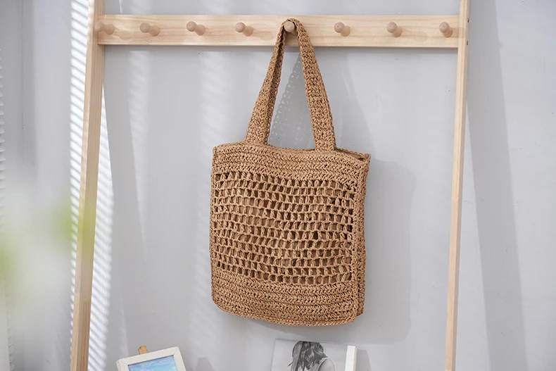 Dames retro artistieke strandtas, handgeweven van papiergaren, grote capaciteit, perfect voor strandvakanties en vrije tijd.