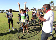 Marelize Horn celebrates not falling off with members of the Velokhaya Life Cycling Academy, from Khayelitsha, on March 9 2019. File photo.