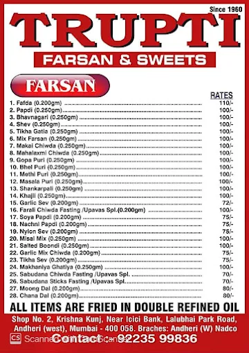 Trupti Farsan & Sweets menu 