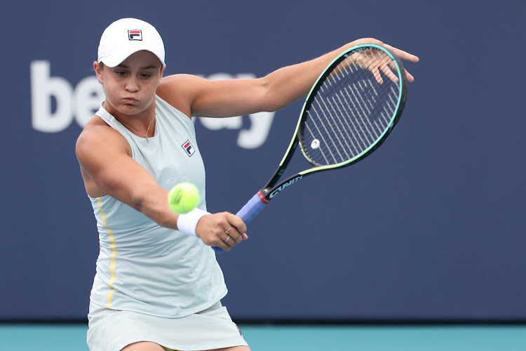 Ashleigh Barty of Australia hits a backhand during the Miami Open