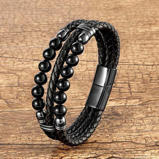 Title 5, Mens Leather Rope Beaded Bracelet Fashion Thre...