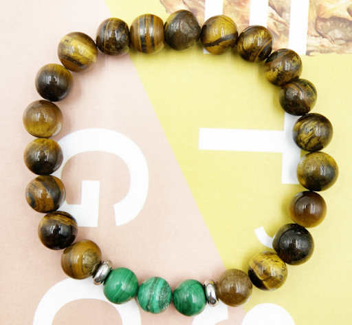 Title 2, Natural Malachite Tiger Eye Stainless Steel Bea...