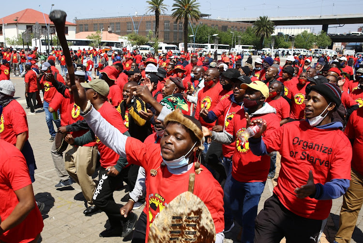 National Union of Metalworkers of SA members at Mary Fitzgerald Square in Newtown, Johannesburg on Tuesday.