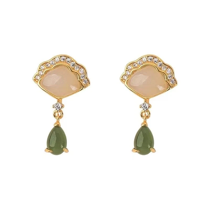 Title 5, Boucles doreilles Style Cour Jade Éventail Pla...