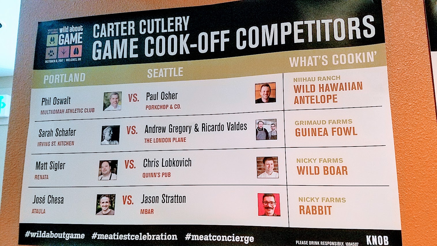 Nicky USA's Wild About Game - 2017 competition listing of the categories and chefs who are facing off from Seattle vs Portland