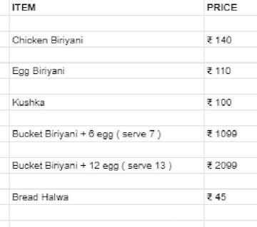 Umar Biryani menu 