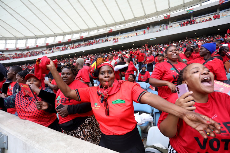 EFF supporters cheer during the party's election manifesto launch at Moses Mabhida Stadium in Durban on Saturday February 10.