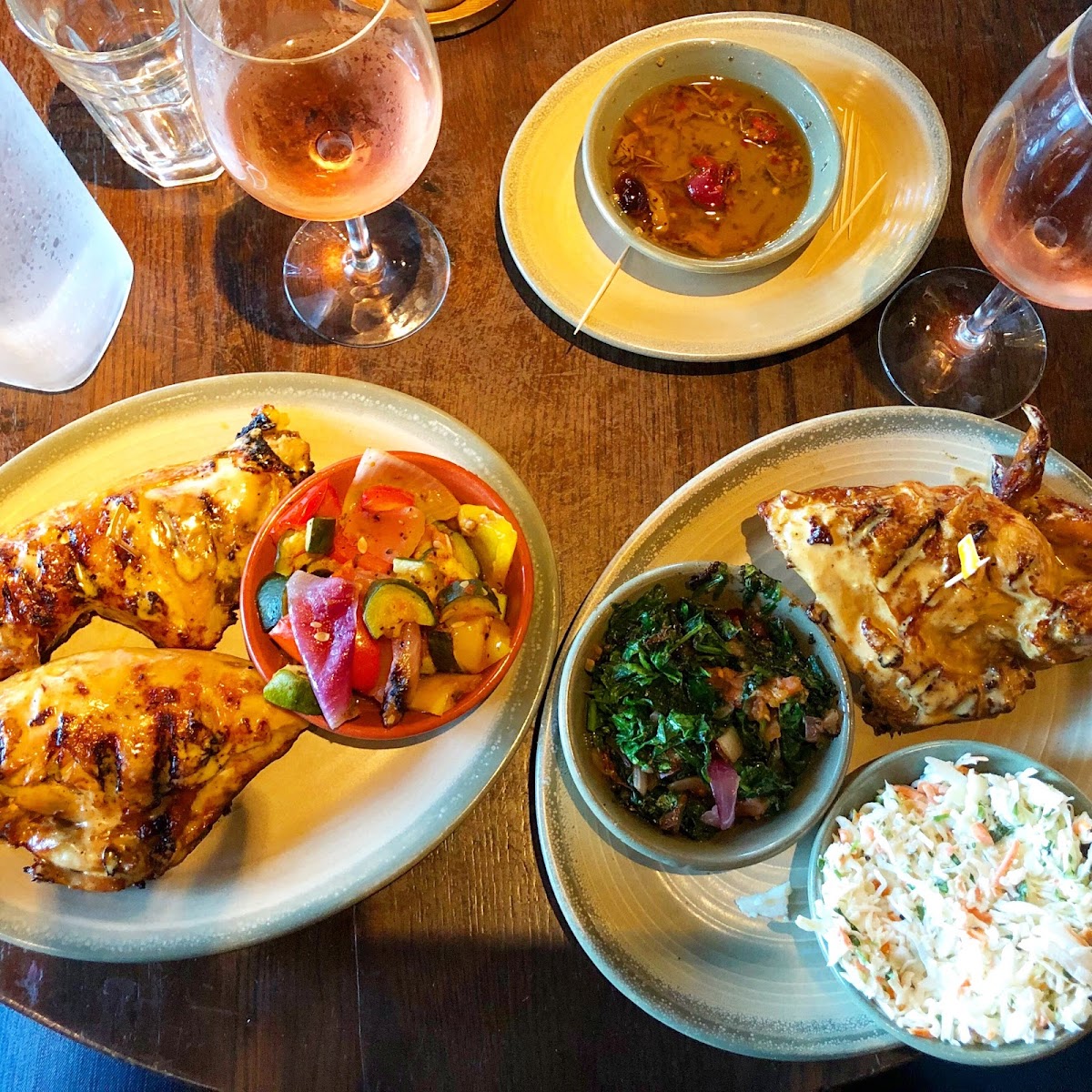 Peri-Peri Chicken (medium), Seasonal grilled vegetables, Spiced Spinach and coleslaw, Spicy Marinated Olives for a starter.